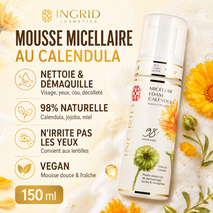 Mousse micellaire au calendula - 150 ml - 98% naturelle - Ingrid Cosmetics