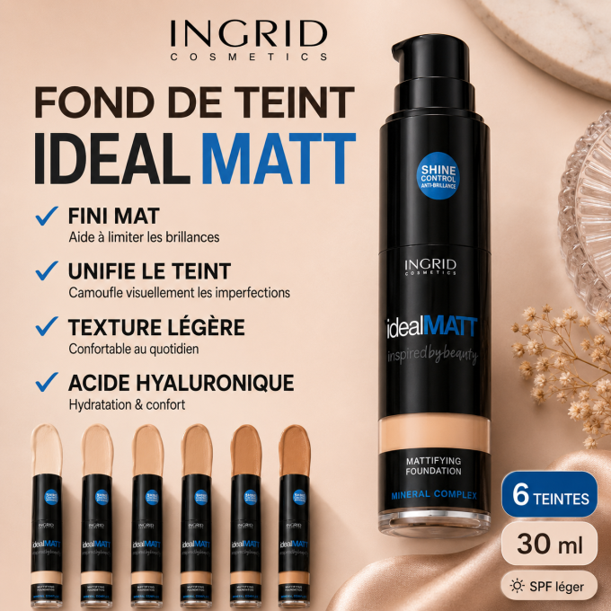 Fond de teint IDEAL MATT Ingrid Cosmetic - 30 ml - 6 teintes