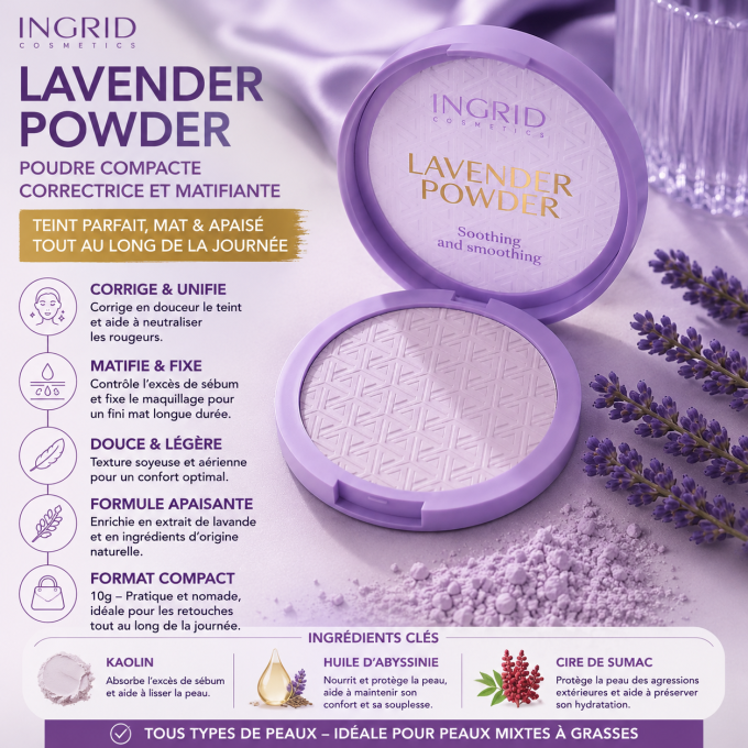 Poudre Compacte correctrice et matifiante à la Lavande - 10g - Ingrid Cosmetics