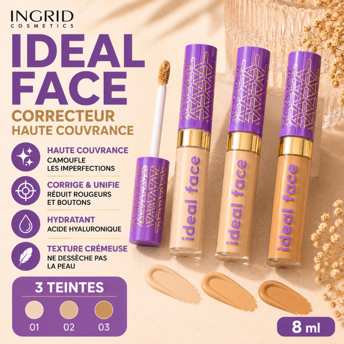 Correcteur Haute couvrance Ideal Face - 3 teintes - 8 ml - Ingrid Cosmetics