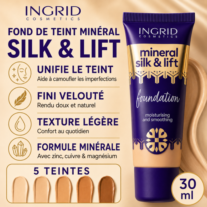 Fond de teint mineral - Silk & Lift - 30 ml - Ingrid Cosmetics - 5 Teintes