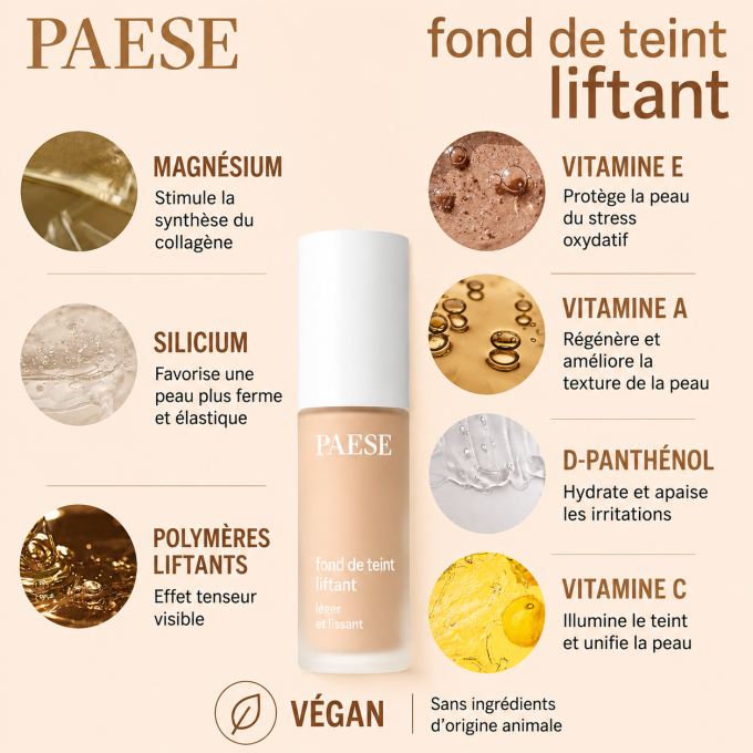 Fond de teint liftant - Végan - 30 ml - 4 teintes - PAESE