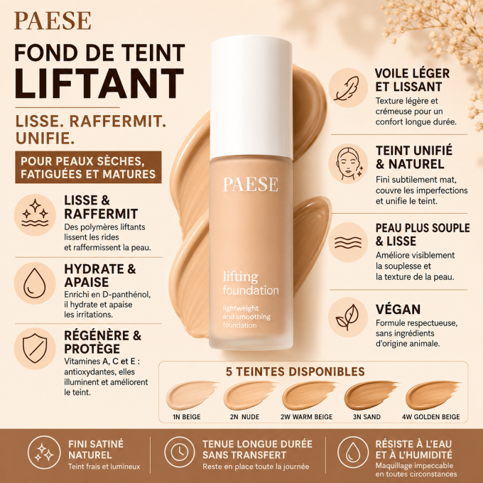 Fond de teint liftant - Végan - 30 ml - 4 teintes - PAESE