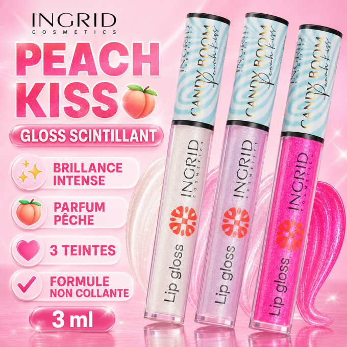 Gloss à lèvres "Peach Kiss"  Collection Candy Boom - 3 ml - Ingrid Cosmetics