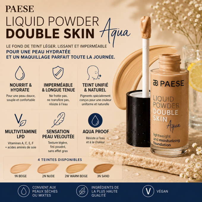 Liquid powder double skin aqua 30 ml - 4 teintes - PAESE