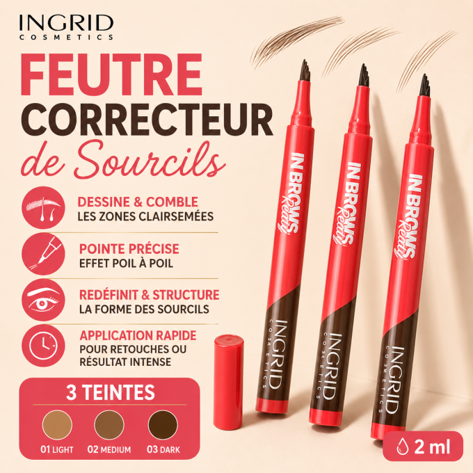 Feutre correcteur de sourcils - 3 teintes - 2ml - Ingrid Cosmetics