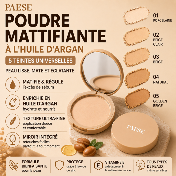 Poudre matifiante à l’huile d’argan - 8 g - 5 teintes - Paese