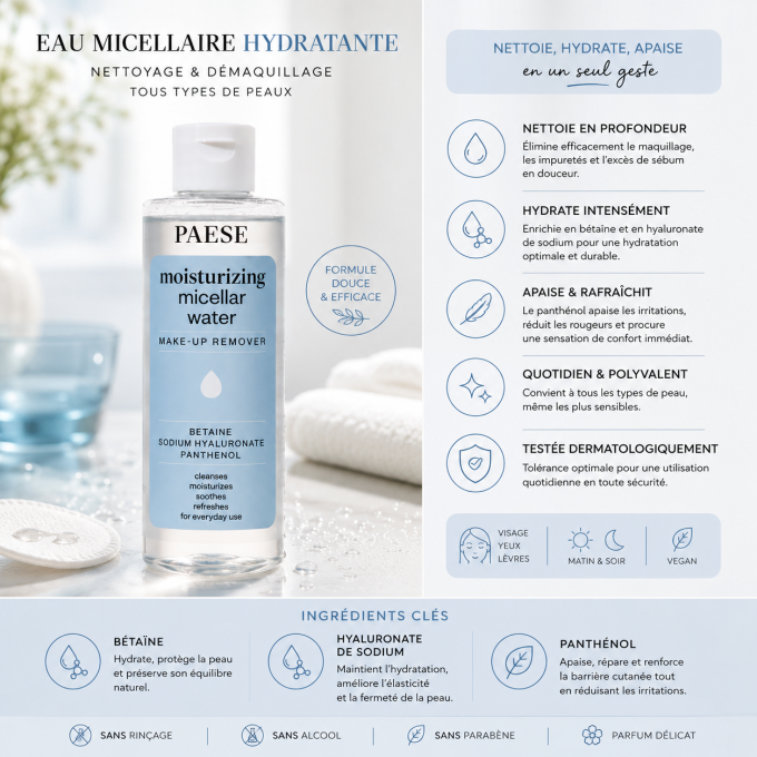 Eau Micellaire Hydratante pour le Nettoyage du Visage et le Démaquillage - 200 ml - PAESE