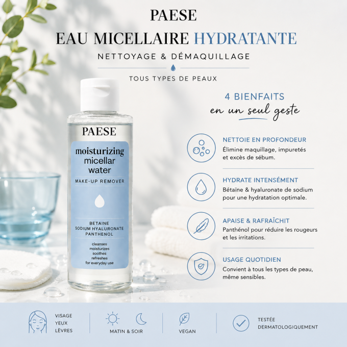 Eau Micellaire Hydratante pour le Nettoyage du Visage et le Démaquillage - 200 ml - PAESE