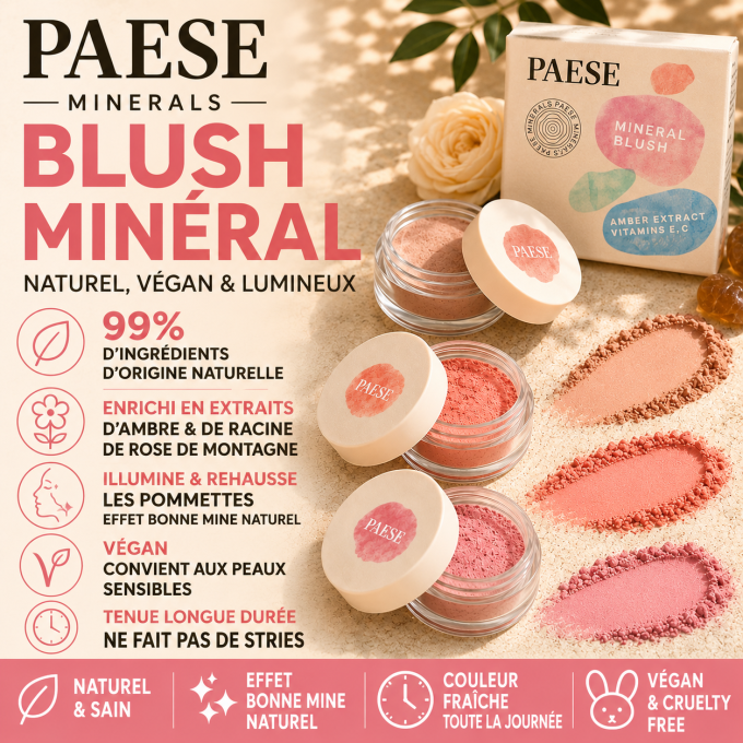 Blush minéral rose PAESE Minerals - Vegan - 6 g - 3 teintes