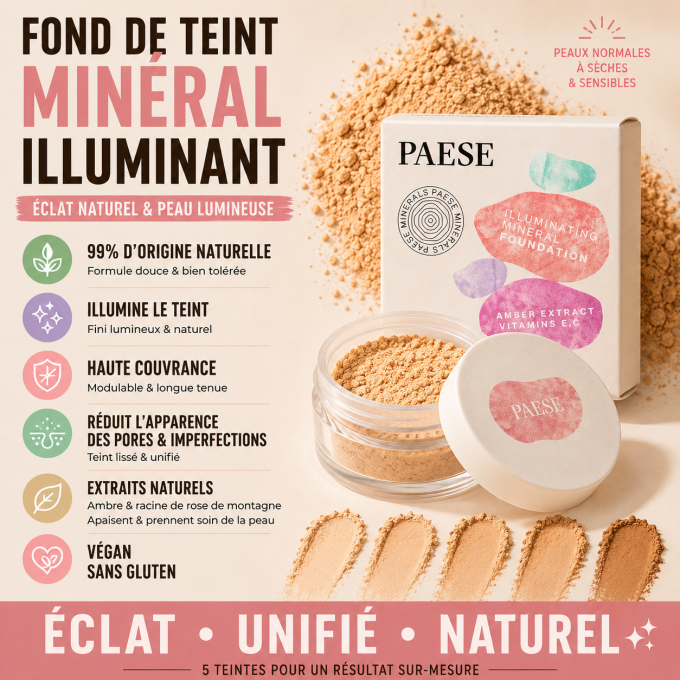Fond de teint minéral illuminant PAESE Minerals - Vegan - 7 g