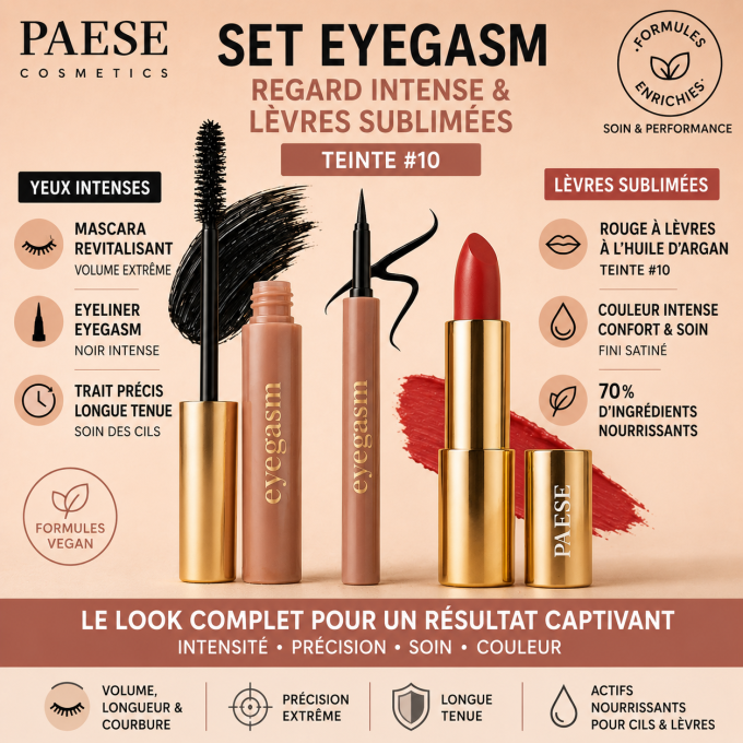 Set Mascara + Eyeliner "Eyegasm" Noir  et Rouge à lèvres à l'huile d'argan #10 - PAESE