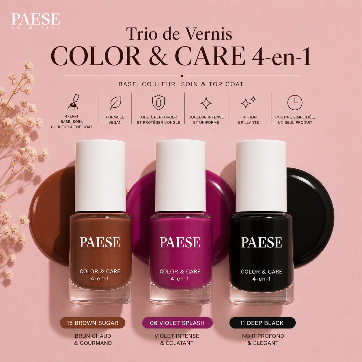 Trio de Vernis COLOR & CARE 4-en-1 – 3 x 5,5 ml – 3 teintes – PAESE