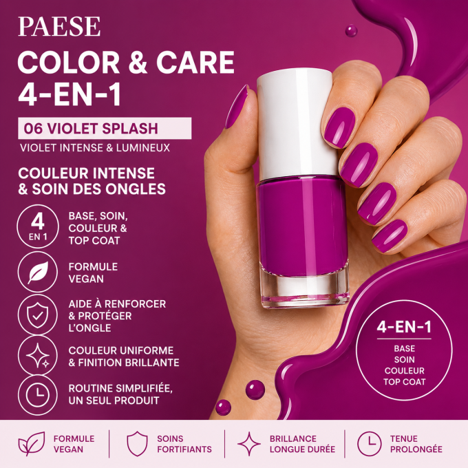 Vernis COLOR & CARE 4-en-1 – 5,5 ml – Teinte 06 Violet Splash – PAESE